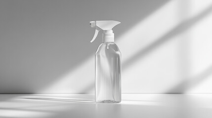 Transparent spray bottle centered on a light backgro