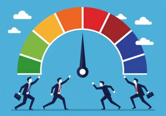 Businessmen reaching for a performance gauge with colorful sections and a black needle indicator pointing up