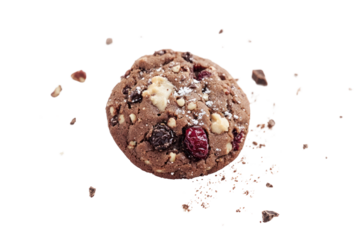 A tempting close-up shot of a diverse selection of homemade cookies such as double chocolate, cranberry walnut, and classic vanilla, with delicate crumbs scattered around them