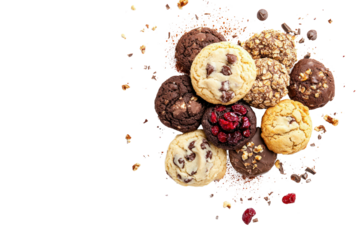 A tempting close-up shot of a diverse selection of homemade cookies such as double chocolate, cranberry walnut, and classic vanilla, with delicate crumbs scattered around them