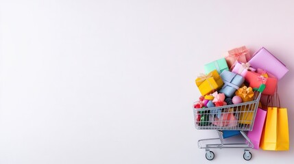 Overflowing shopping cart filled with colorful gifts and bags