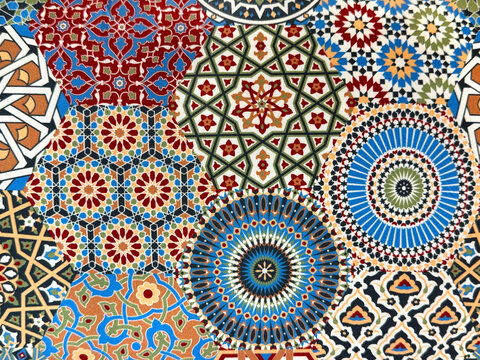 Close up of colorful vibrant Morocco and Islamic middle eastern ornamental graphic background. Indian, Mughal, Arabic and middle east design pattern. Wallpaper and fabric. Seamless background texture.
