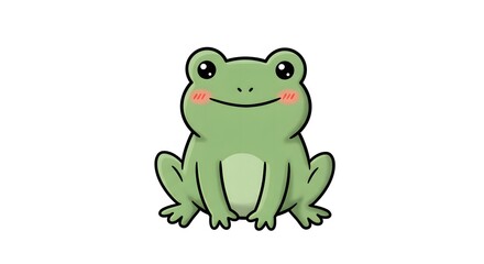 Kawaii Frog Sitting with Smile and Blushing Cheeks on White Background