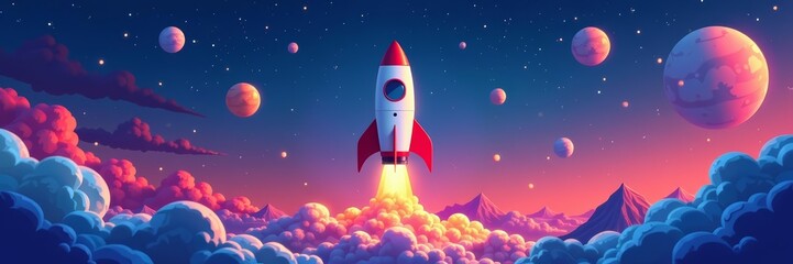 Collection of flat vector illustrations showing rocket science startup projects, vector, startup