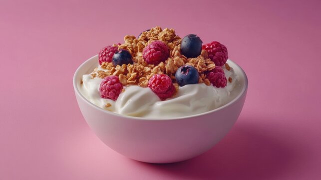 A bowl of creamy yogurt with granola, honey, and berries. Featuring health and freshness