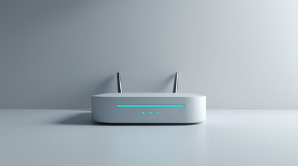 Modern Wi-Fi Router Mockup with Glowing Blue LEDs and Dual Antennas. Wireless Broadband Router with Strong Signal. Ethernet Connection for Fast Speed.