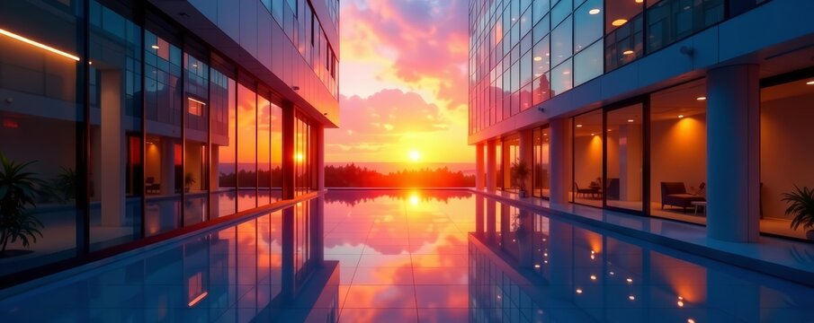 Abstract reflection of sunset on reflective windows of modern office building, structure, cityscape, corporate - Powered by Adobe