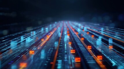 Dynamic futuristic digital data transfer concept with glowing blue and orange neon lights, floating holographic documents and abstract technology elements on dark background. High-resolution illustrat