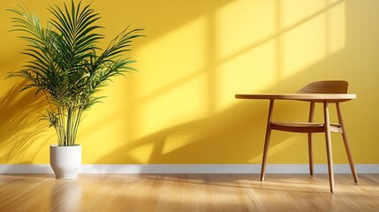 Bright and cheerful interior featuring a potted plant next to a wooden table and chair against a vibrant yellow wall.