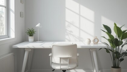 Minimalist workspace with a white desk, chair, plants, and natural sunlight