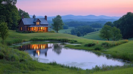 Fototapeta premium Tranquil sunset view of a farmhouse reflecting in a pond, nestled in rolling hills and mountains.