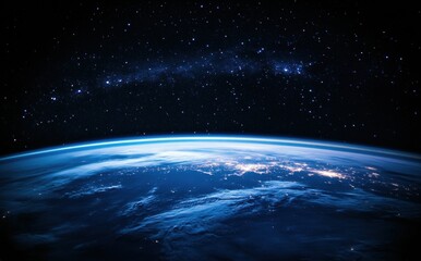 Obraz premium Stunning Night View of Earth from Space with City Lights Illuminating the Horizon - Astral Beauty and Urban Contrast
