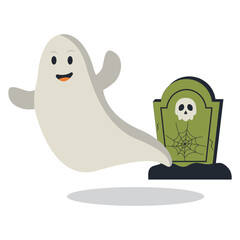 Funny Halloween Ghost with Cute Cartoon Design Concept. Halloween Trick or Treat. Vector Character.