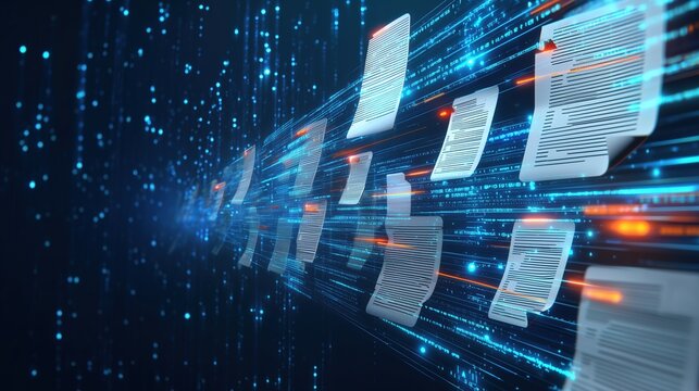 Dynamic futuristic digital data transfer concept with glowing blue and orange neon lights, floating holographic documents and abstract technology elements on dark background. High-resolution illustrat - Powered by Adobe