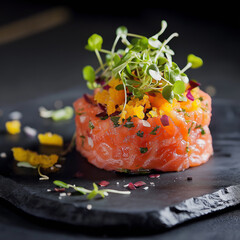 salmon tartare appetizer on a slate serving board, garnished with microgreens and citrus zest.