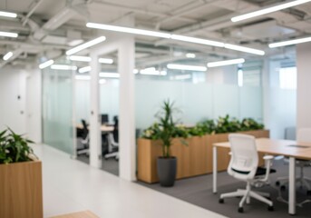 Fototapeta premium A blurred view of a modern office space with desks chairs plants and glass partitions in neutral tones