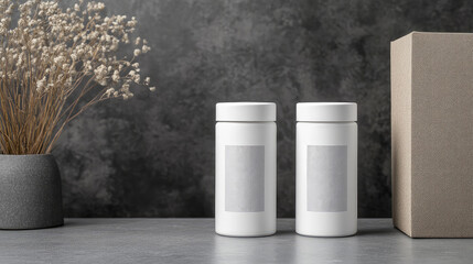 Minimalist packaging design featuring two white containers with blank labels beside textured box and decorative vase with dried flowers. serene composition evokes sense of calm and elegance