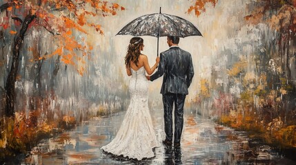 Romantic wedding couple sheltered by umbrella in autumn rain painting