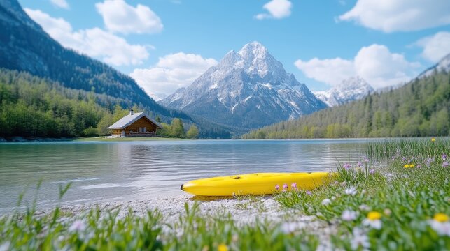 A yellow kayak rests on a lakeshore, near a wooden cabin. The scene features a tranquil lake, mountains, and lush greenery. The image is high-quality with bright natural lighting, showcasing a seren