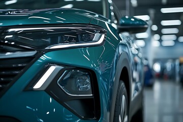 Modern Teal Car Headlight Detail with Sleek Design Elements in Showroom Setting