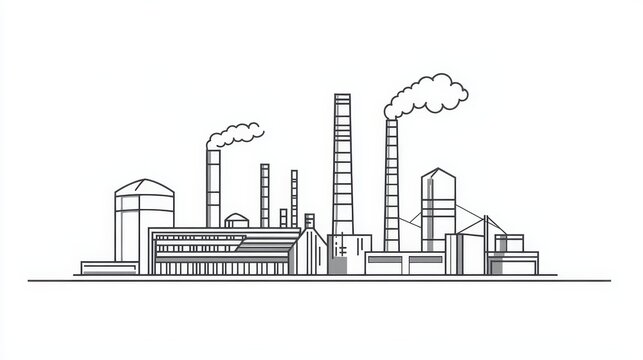 recommend clip art: Industrial factory with smokestacks emitting smoke on white background.