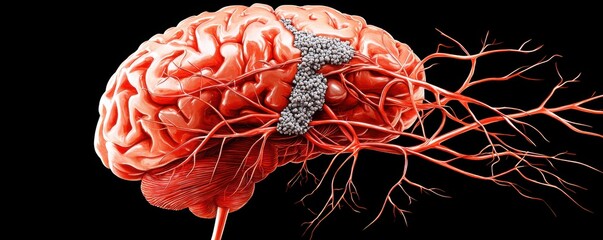 3D rendering of a human brain with visible tumor growth and branching blood vessels, illustrating cancer or neurological disease concepts.

