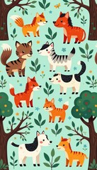 Fototapeta premium Adorable doodle animals in a seamless forest pattern, whimsical, squirrel, texture