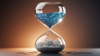 Hourglass with Ocean in Top Half and Dead Coral at Bottom Highlighting Vanishing Marine Life and Urgency of Climate Action