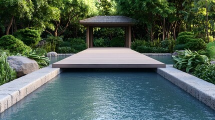 Serene garden oasis with pond and covered pavilion