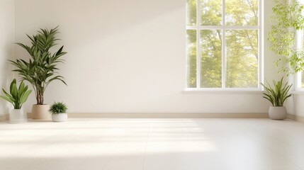Fototapeta premium A bright room features potted plants, a large window showing sunlight, and off-white walls. The composition is minimalist, with plants arranged near a corner. The image has high quality and natural