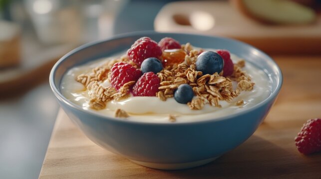 A bowl of fresh yogurt topped with mixed berries, honey, and granola. Featuring health and indulgence