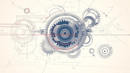 Obraz premium Gears and technical drawing on light background abstract illustration.