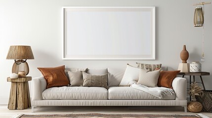 A white rectangular frame in a relaxed living room, displayed above a sofa, with a wooden side table, a decorative lamp, and a rug HD 8K mockup wallpaper Photographic Image