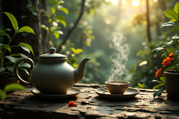 Fototapeta premium Outdoor Tea Ceremony in Nature, Outdoor Tea Ceremony with Steaming Tea, Outdoor Tea Ceremony Relaxing Scene, Unique Outdoor Tea Ceremony Setting