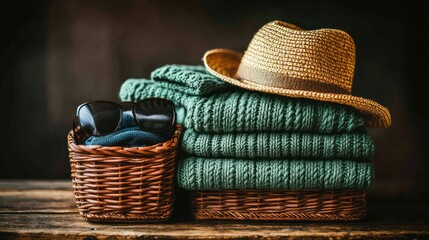 Stylish, stacked sweaters, straw hat, sunglasses, and basket, ready for travel or outdoor activities