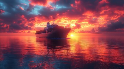 Fototapeta premium Ocean Freighter Silhouette at Sunset: A majestic ocean freighter cuts through tranquil waters, its silhouette dramatically defined against a vibrant sunset sky, painting a picture of serene travel.
