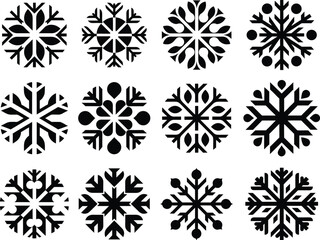 Set of 12 snowflake silhouette clipart. Modern vector symbols isolated on white background.  Winter icons collection. Perfect for New Year design elements, seasonal décor, and frozen themed projects.
