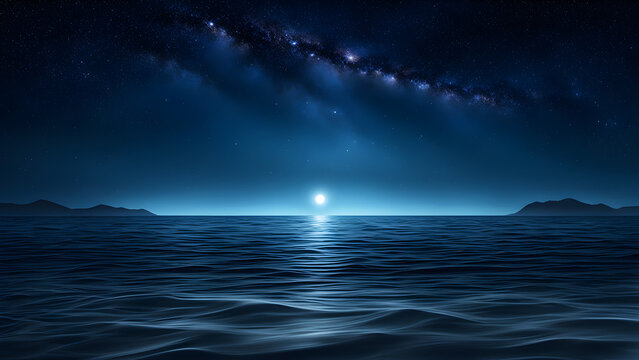 Bright moon reflection over calm ocean under milky way galaxy with deep blue gradient sky creating peaceful night seascape Travel concept
