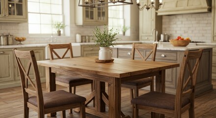 Rustic farmhouse dining ensemble capturing comfort and natural light indoors