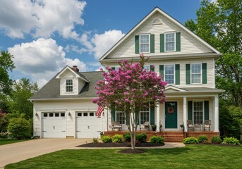 A well kept two story house with green shutters and a pink flowering tree in the front yard view