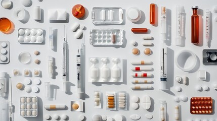 Top view of various medicines with syringes and glass bottles on white table