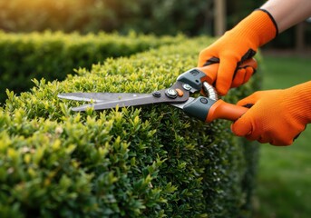 Obraz premium Hands in gloves trimming a green bush with garden shears in a garden on a sunny day outside close up