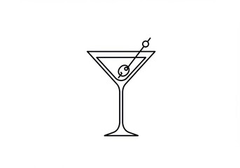 A minimalist outline of a martini glass with an olive on a skewer against a white background plain style