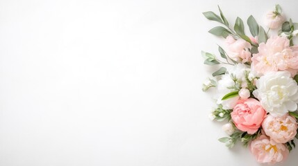 A delicate arrangement of pastel flowers on a white background, featuring soft pink and white blooms, and elegant floral composition for wedding invitations.