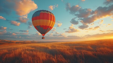 Naklejka premium Soaring Above the Horizon: A vibrant hot air balloon ascends majestically against a backdrop of a golden sunrise, floating serenely above an expansive field of tall grass.