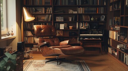 Warm Brown Leather Armchair in a Sunlit Book Filled Room