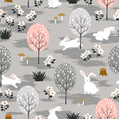 Easter seamless repeat pattern with cute bunnies happy on spring forest © pakatip