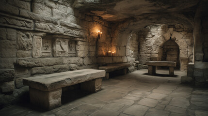 Fototapeta premium underground crypt with stone coffins and burning torches