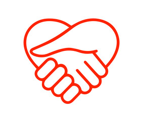 Red Line Forming the Outline of a Heart with Two Hands Shaking Inside, Symbolizing Friendship, Support, and Cooperation.