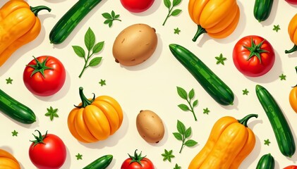 Seamless pattern of vibrant vegetables like pumpkin, tomato, cucumber, and potato, nutrition, farming